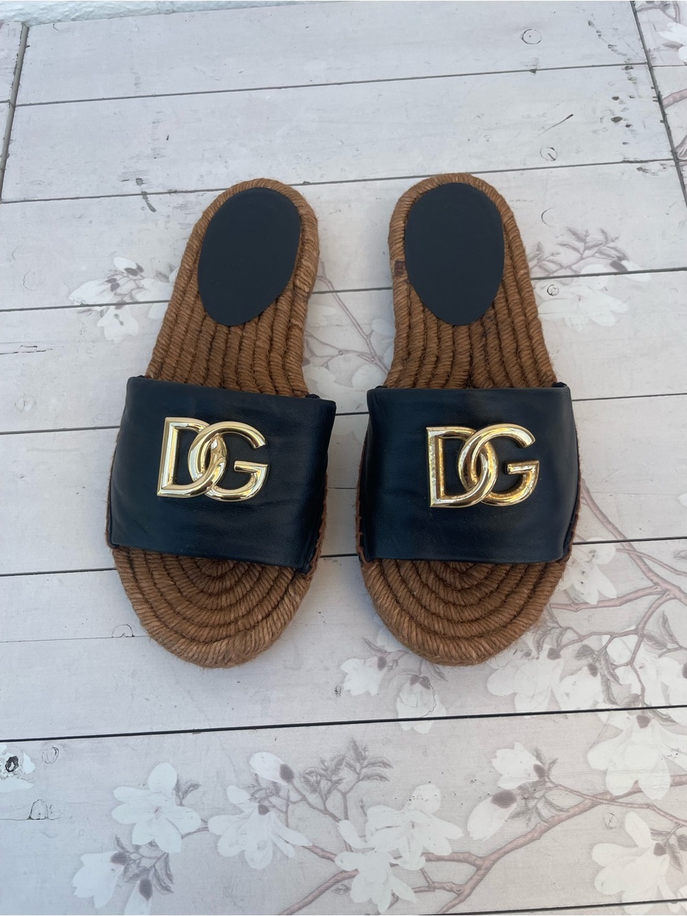 Dolce & Gabbana Black Leather Slide Sandals with Gold DG Logo